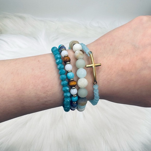 Stainless Steel Cross beaded Arm Candy  Bracelet -  Blue theme - Picture 1 of 7